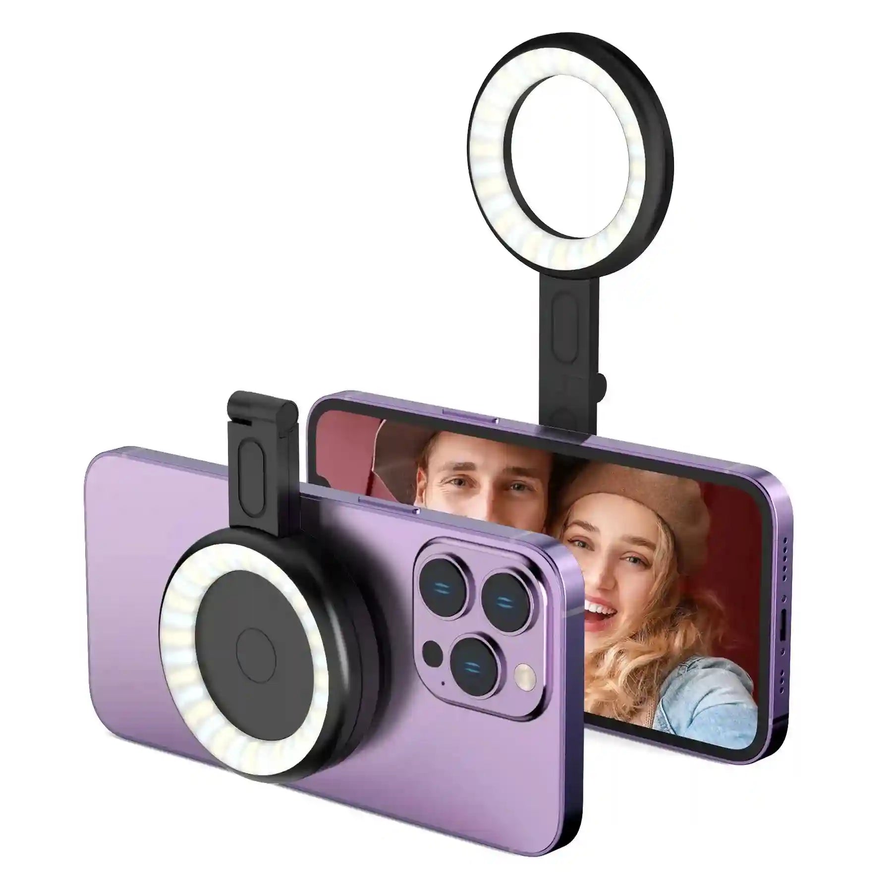 Black clip-on LED ring light for mobile phones, used to provide illumination for selfies and video calls.