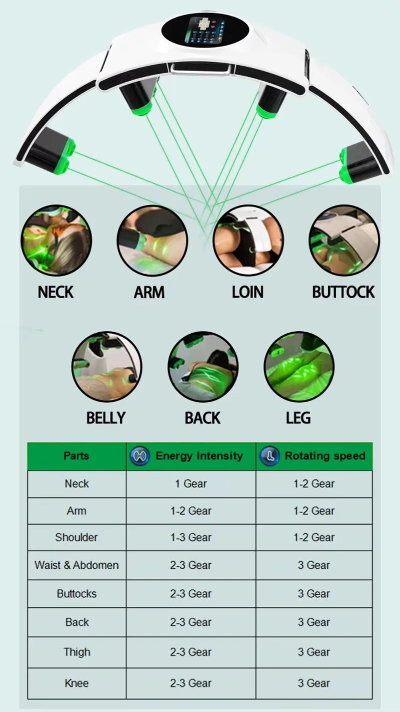 White LLLT fat burning machine with green laser therapy for painless weight loss and body contouring on multiple areas.
