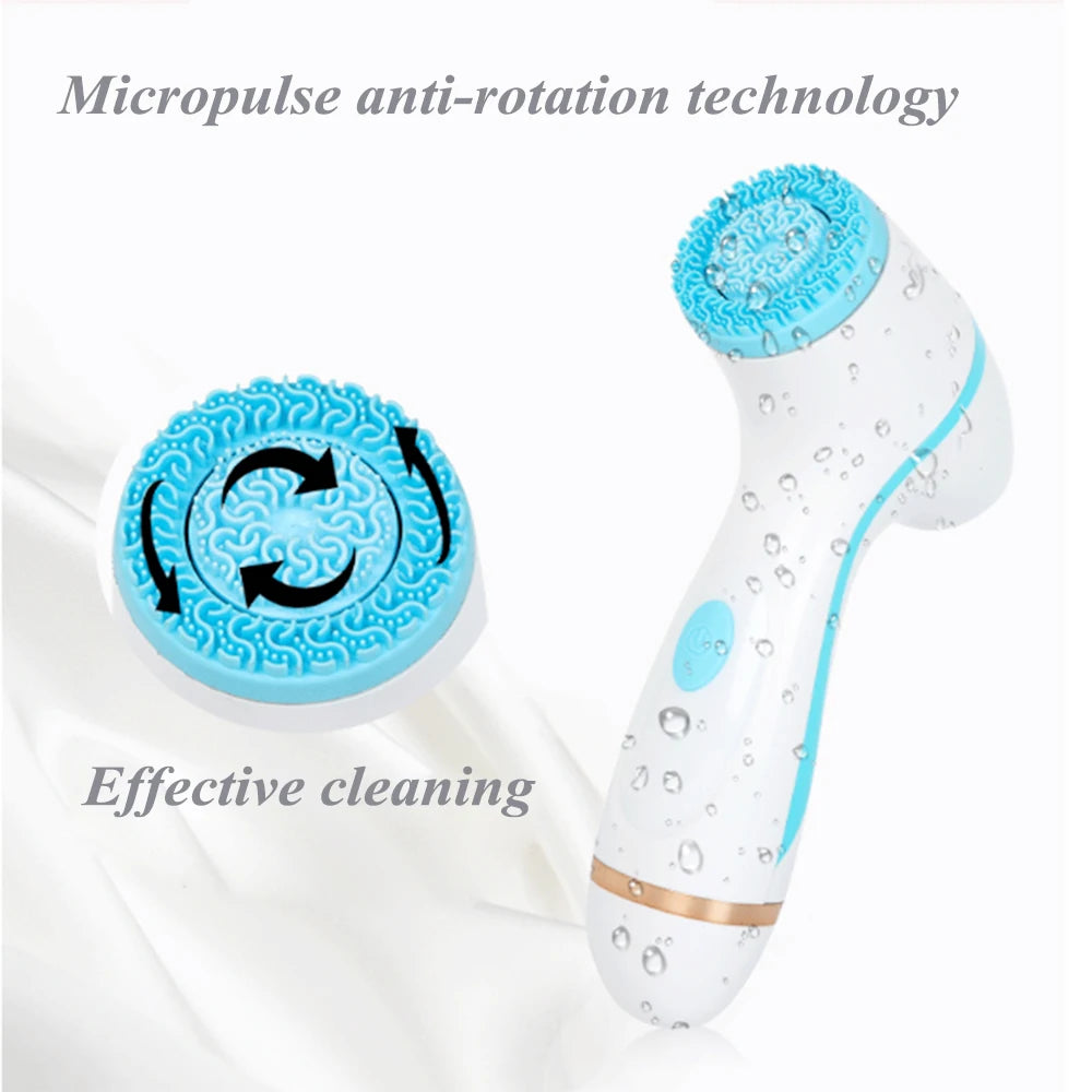White and blue sonic facial cleansing brush with silicone head, water droplets, and micropulse rotation for skin care.
