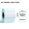 White thermal label roll with size guide: 60x40mm, 1000pcs, 40mm height