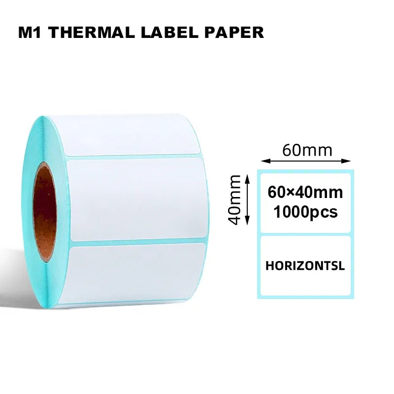 White thermal label roll with size guide: 60x40mm, 1000pcs, 40mm height