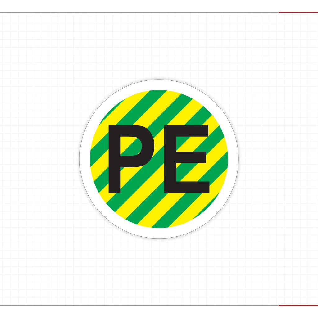 PE label adhesive sticker with green-and-yellow stripes and bold black letters
