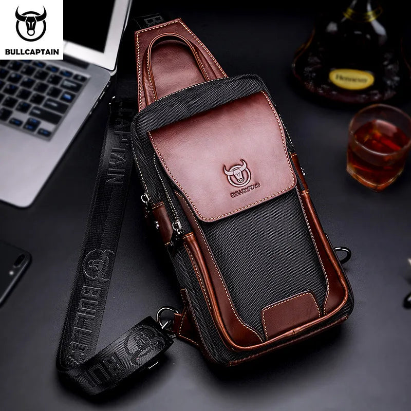 BULLCAPTAIN brown genuine leather and black canvas men's chest crossbody bag with branded adjustable shoulder strap.