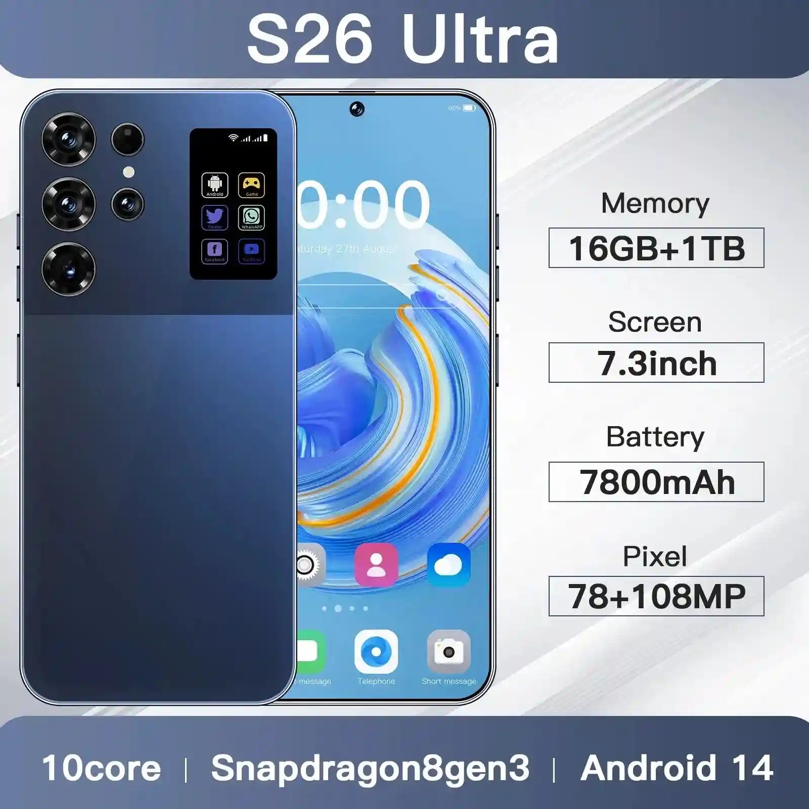 S26 Ultra 5G Smartphone 16GB RAM 1TB Storage - Unlocked Dual SIM Tidesmit