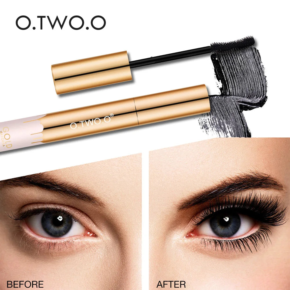O.TWO.O 3D black lengthening mascara in gold tube, showing before and after effect with thick, defined long lashes.