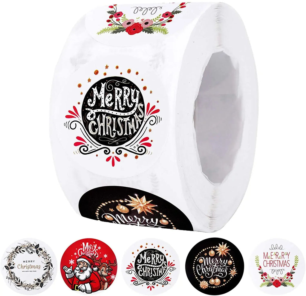 Christmas round sticker roll with black and red “Merry Christmas” wreath and floral designs
