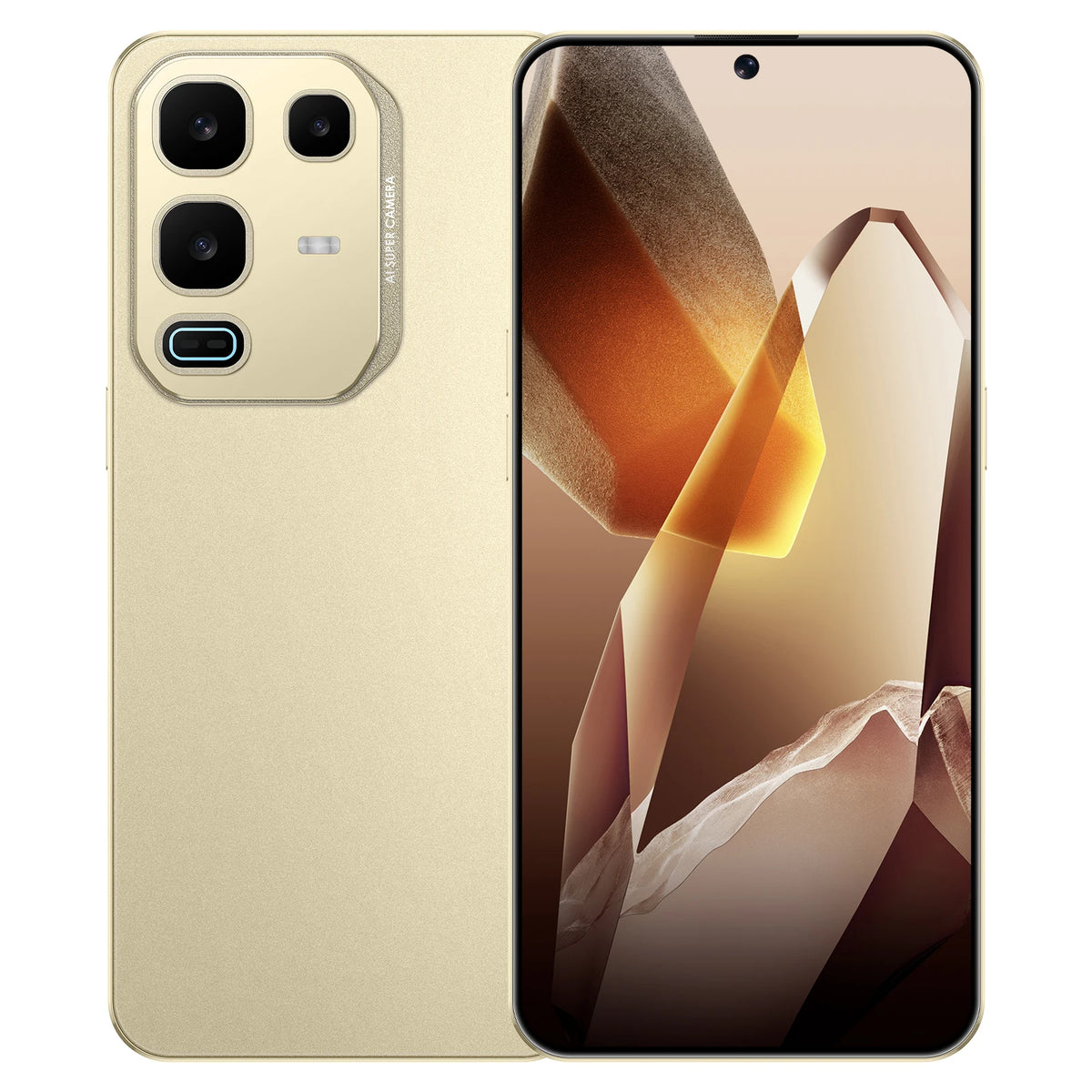 Gold smartphone with triple rear cameras and side fingerprint sensor, front and back view