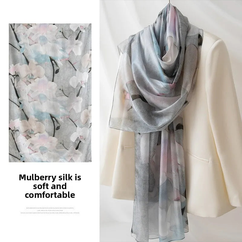 Carefully Selected Hangzhou Silk Scarf Women Long Mulberry Silk Shawl Ink-wash Peony Print Vintage Style Premium Feel Spring