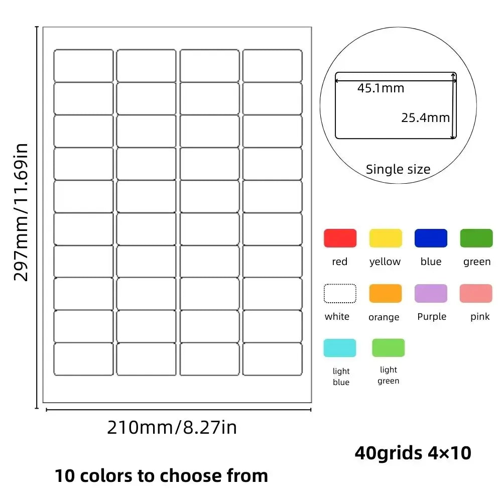 A4 sticker label sheet with 40 grid layout and adhesive backing, copperplate paper