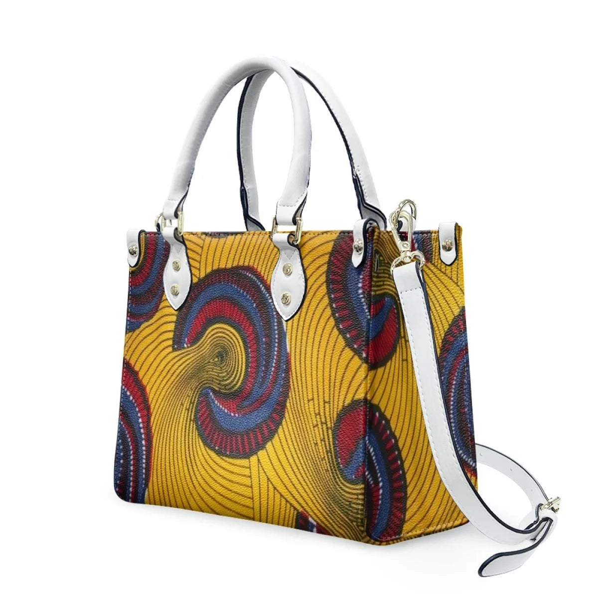 Large leather shoulder handbag with yellow Polynesian tribal floral print, white handles, and detachable strap.