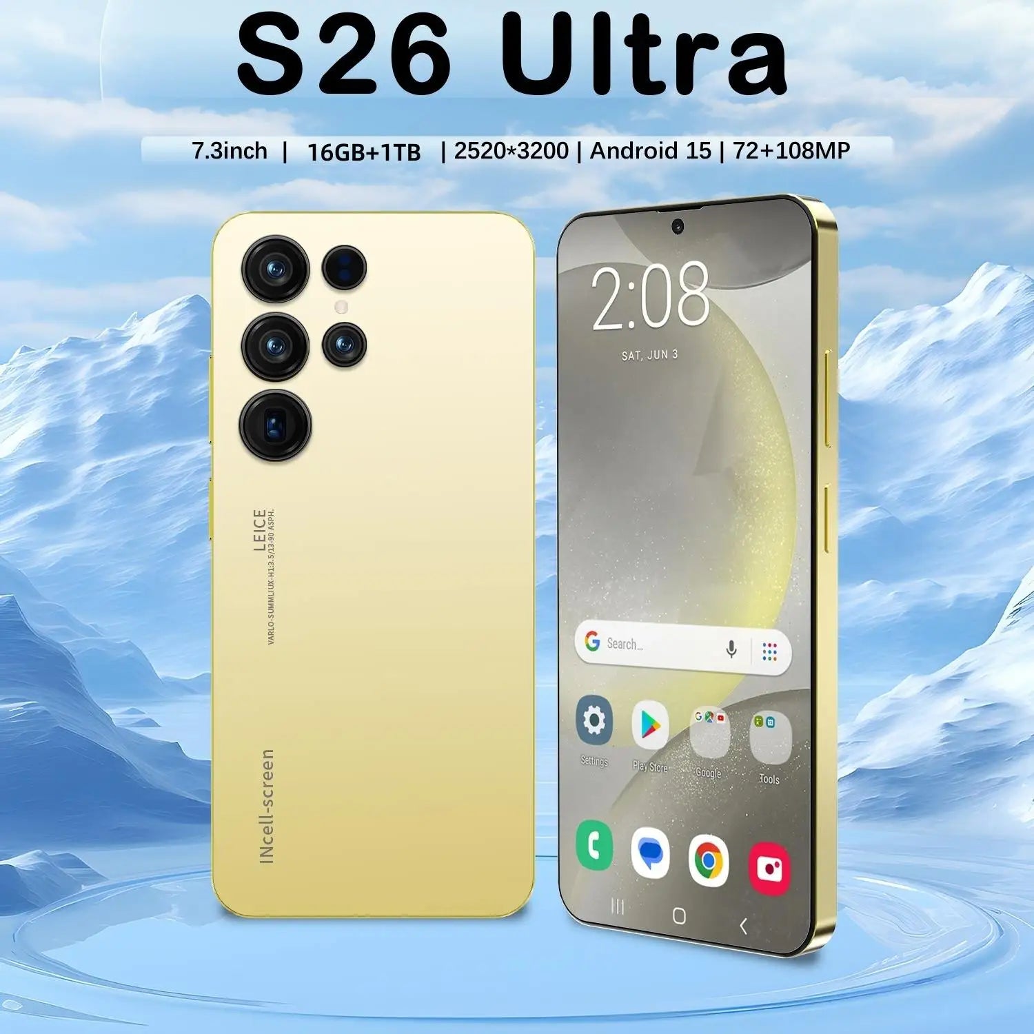 S26 Ultra Android 15 Gaming Smartphone with 7.3-inch HD screen, 16GB RAM, 1TB storage, and 108MP camera.