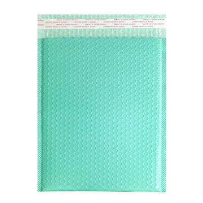 Green bubble mailer envelope with red printed logo text, poly waterproof shipping bag