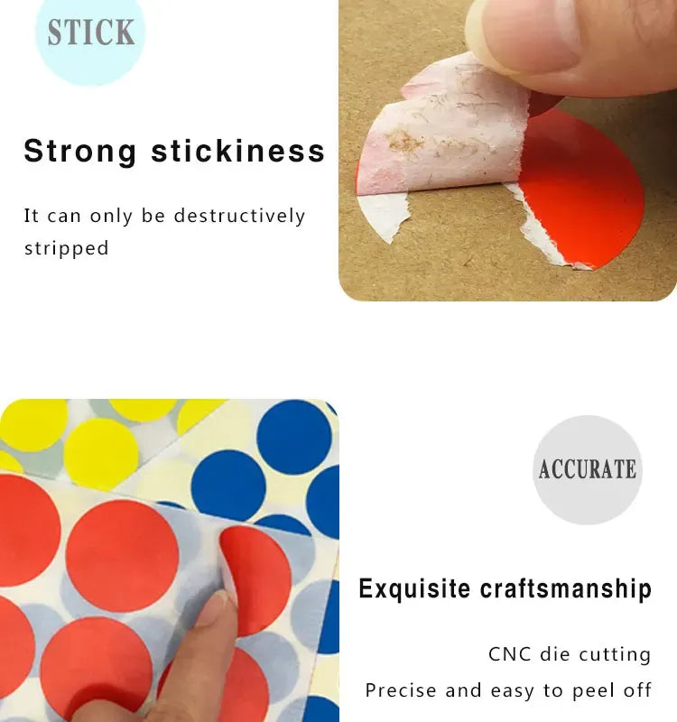 Round dot sticker sheet peel test on paper, showing strong adhesion