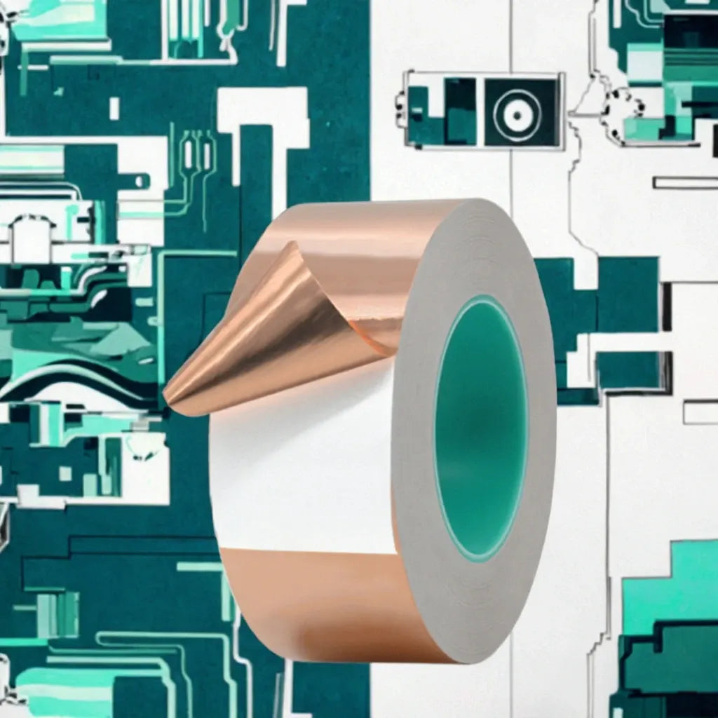 Self-adhesive conductive copper foil tape roll with green center on circuit board background