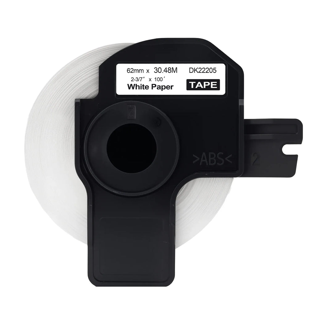 White heat-sensitive label tape roll on black holder, DK2205 label ribbon