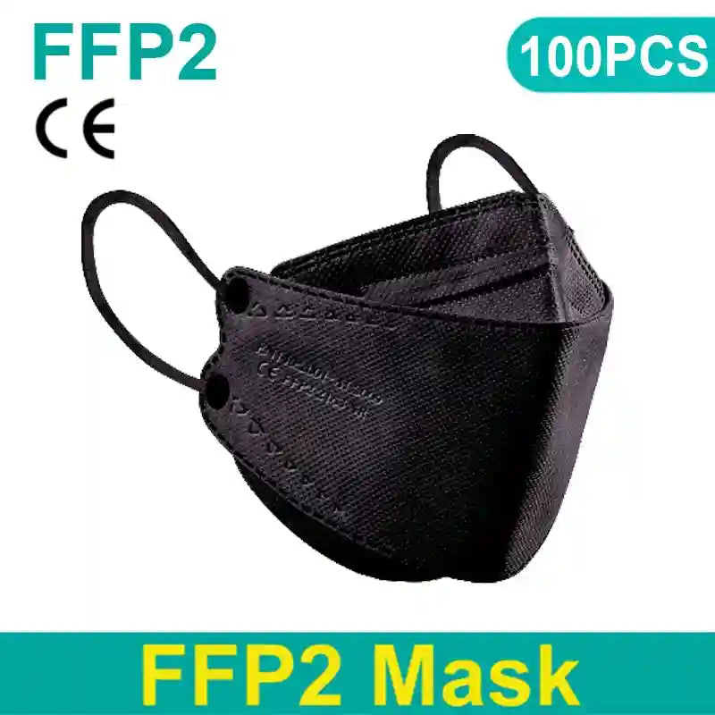 Black 4-layer FFP2 KN95 respirator face mask with textured fabric finish, ear loops, and CE certification label.