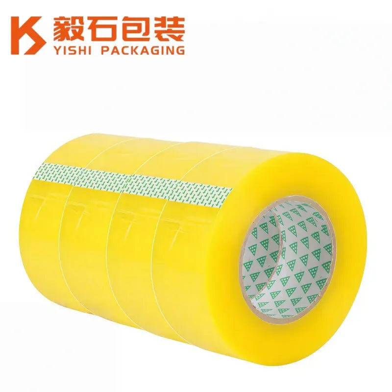 Yellow packing tape roll with clear-looking backing, 48mm wide single-sided adhesive