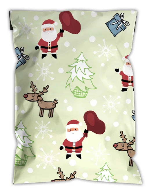 Light green Christmas poly mailer bag with Santa, reindeer, and tree snowflake print