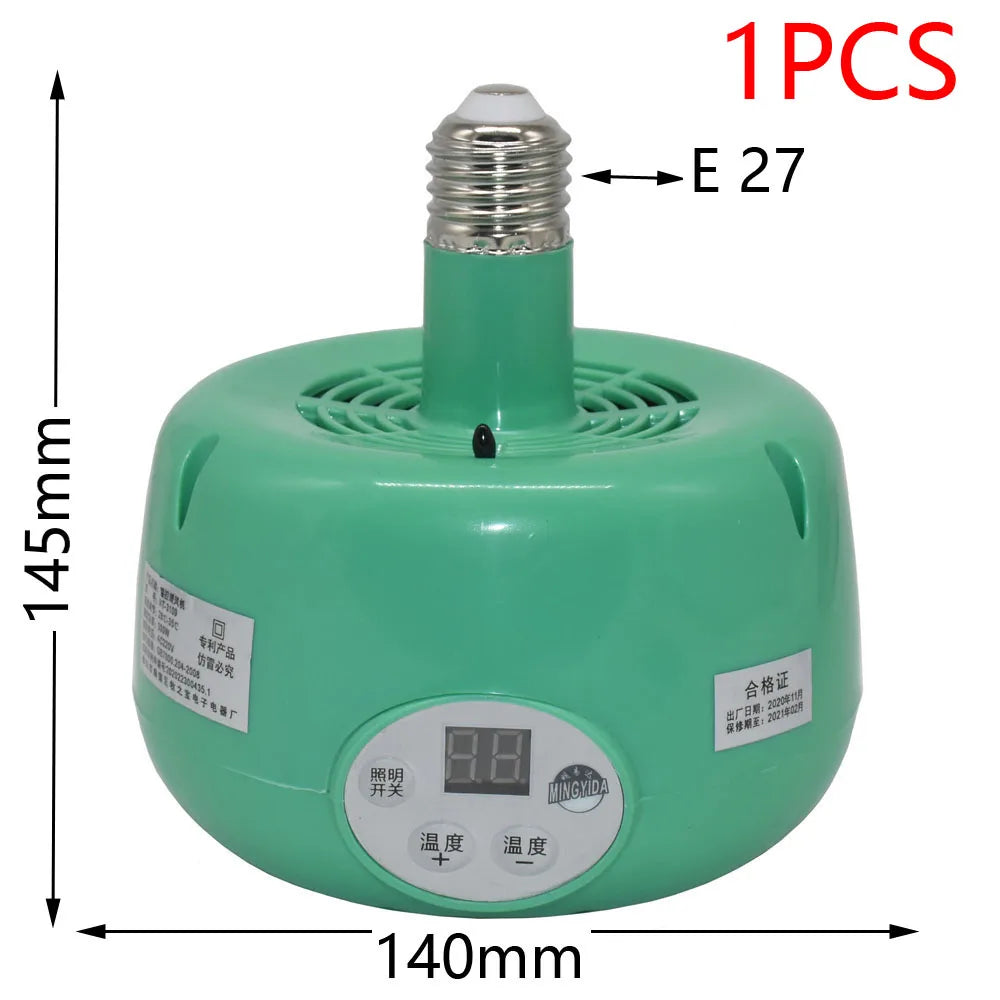 300W E27 pet heating lamp with thermostat for chicken coops and reptile enclosures, 140x145mm green heater.