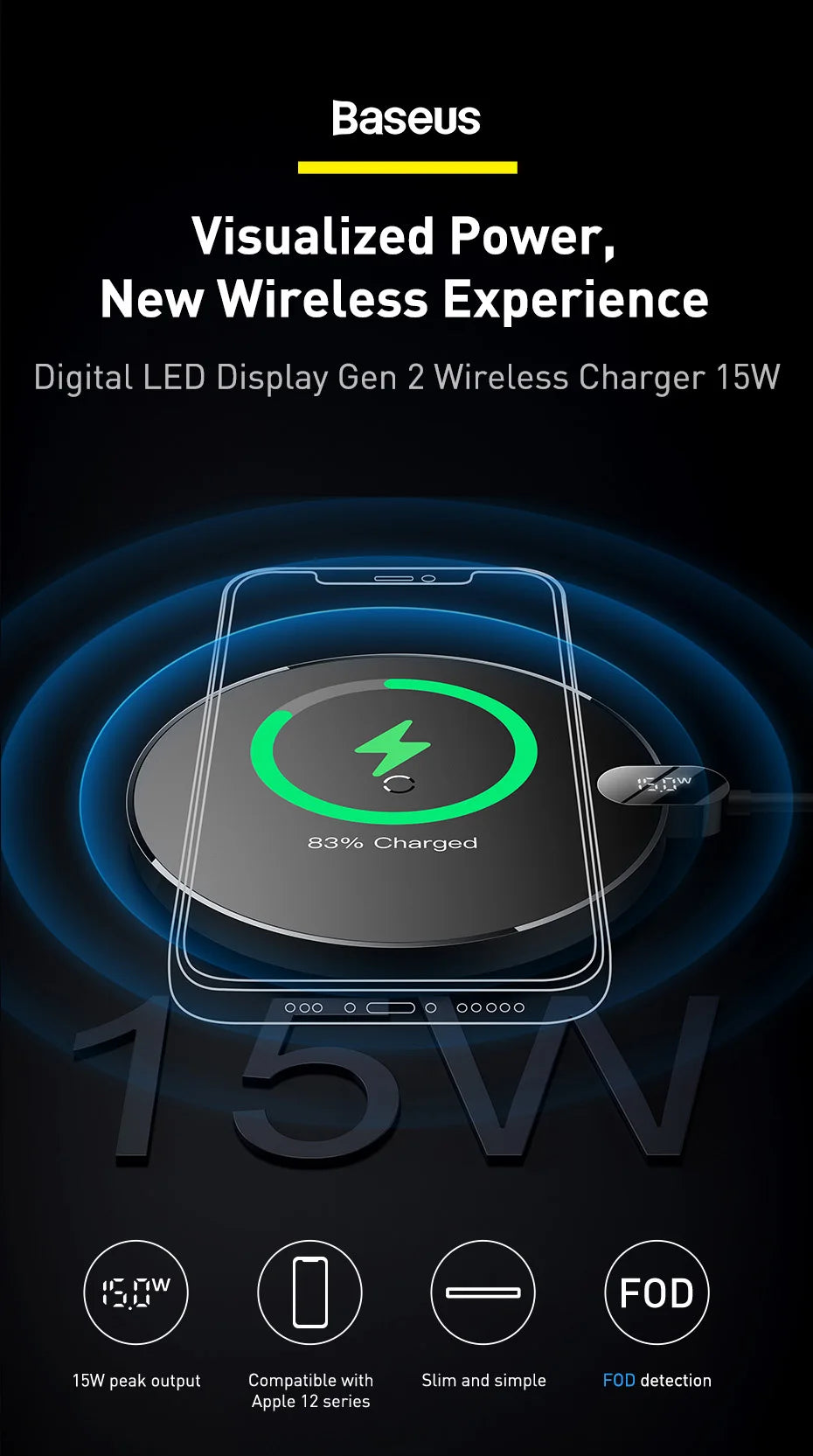 15W Fast Wireless Charger Pad with LED Display - Qi Certified Black Tidesmit