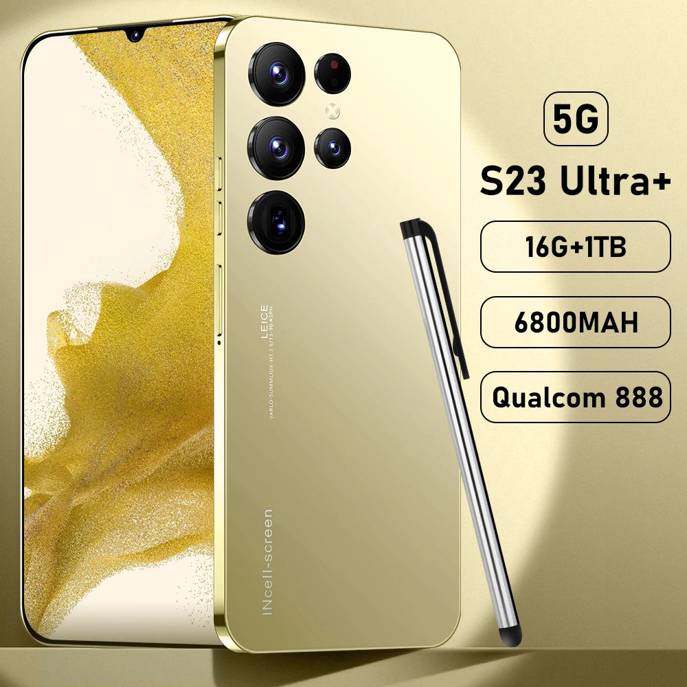 Beige 5G smartphone with quad rear cameras and front display, shown with a side stylus pen