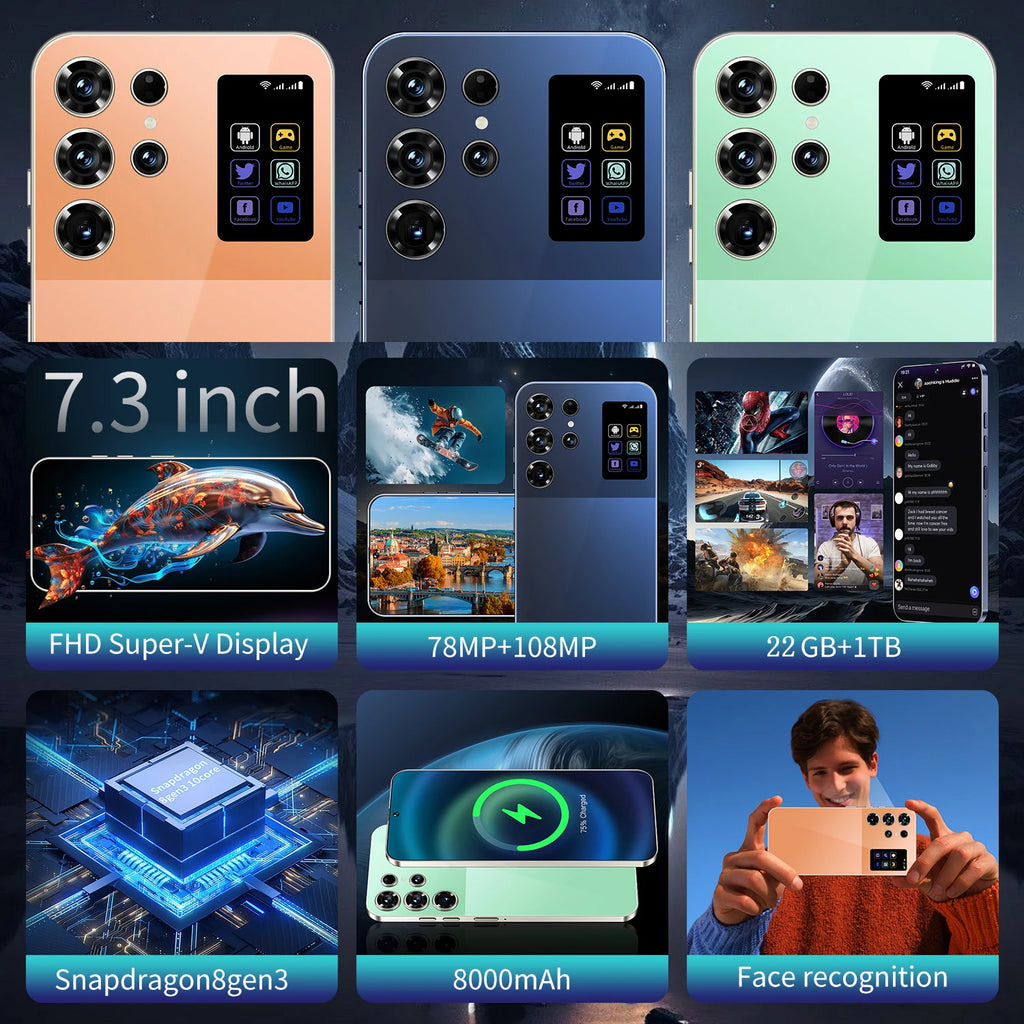 S25 Ultra smartphone with 7.3 inch display, S-Pen, and 1TB storage showing high-quality mobile phone features