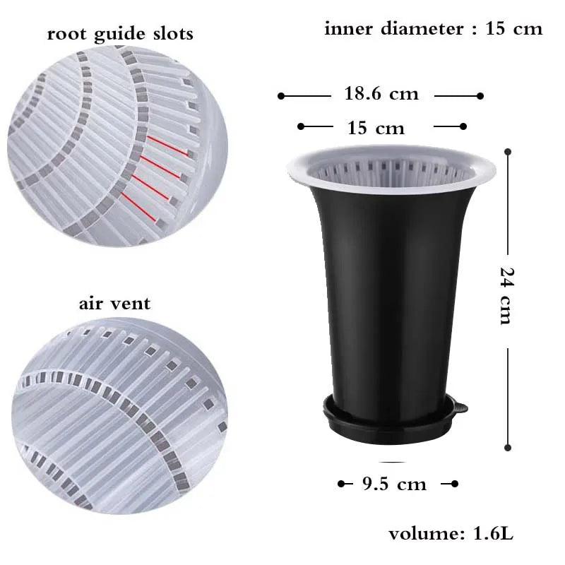 Black plastic orchid planter pot with air vents and root guide slots, vented inner insert