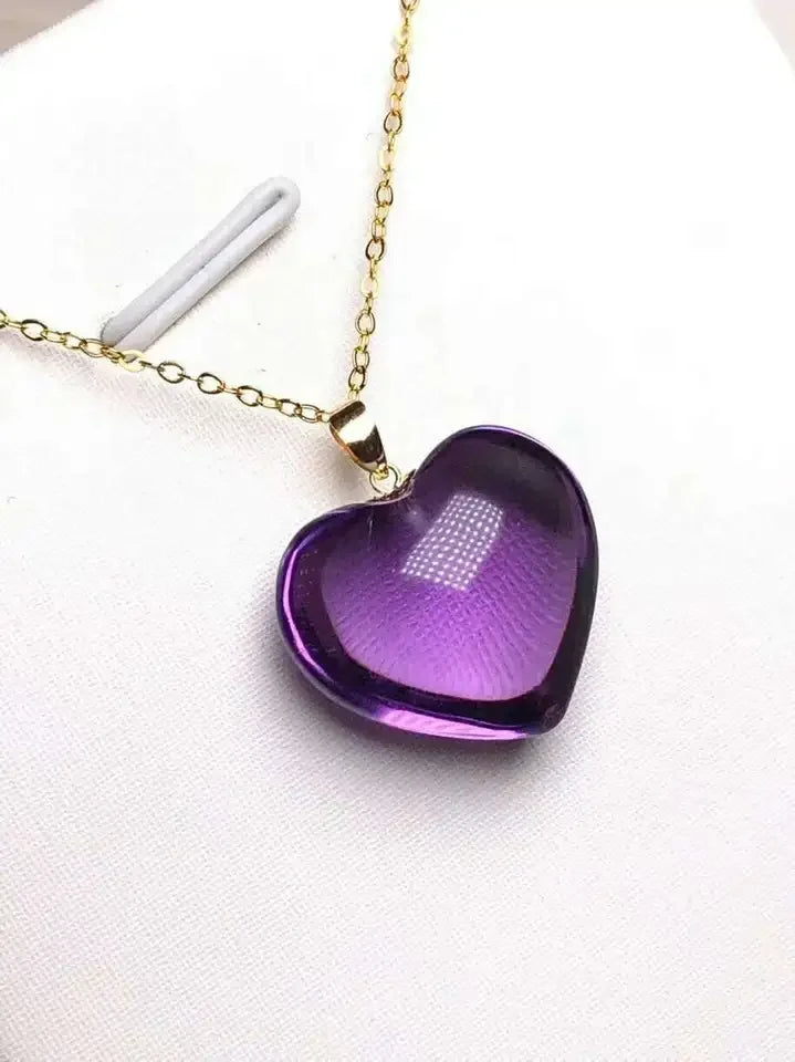 Natural Purple Amethyst Quartz Brazil Faceted Heart Love Trendy 18K Gold 18x18mm Healing Stone Necklace AAAAAA