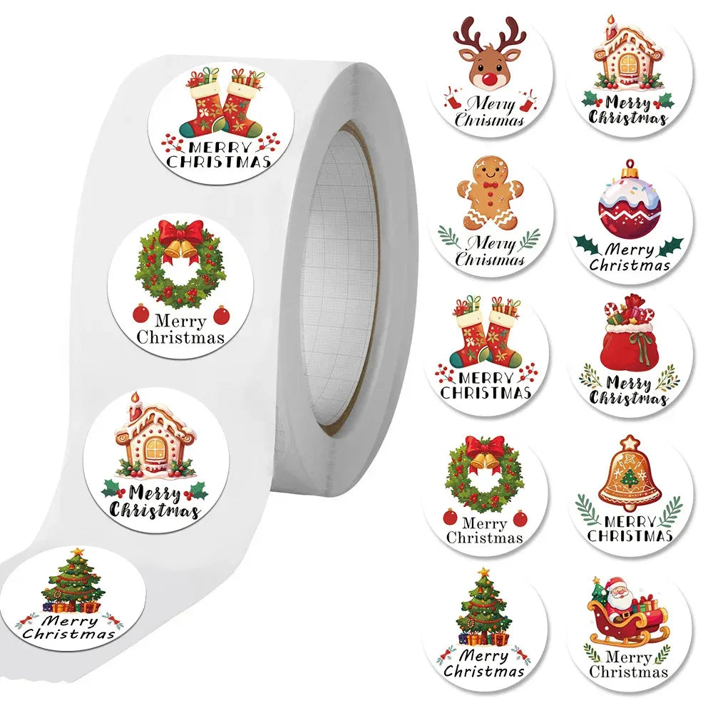 Roll of round Merry Christmas logo stickers with adhesive backing, assorted designs