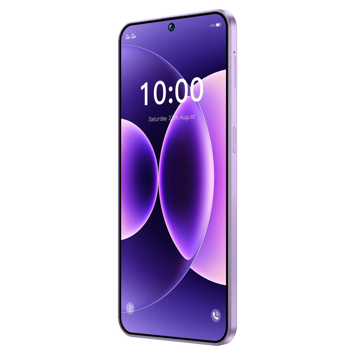 Purple smartphone front view with 10:00 time and curved abstract wallpaper.
