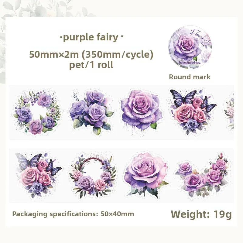 Purple fairy PET masking tape packaging with purple rose and butterfly sticker icons