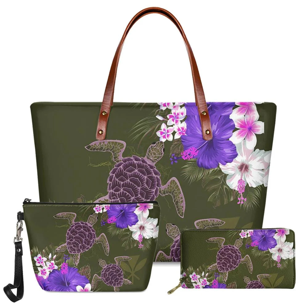 3-piece olive green handbag set featuring purple sea turtles, hibiscus flowers, and Polynesian tribal accents.
