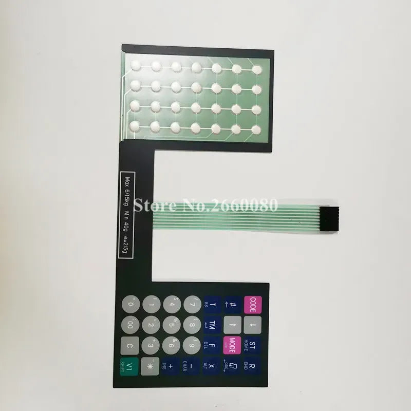 Keypad film set with top dot-matrix grid and bottom numeric panel, flat ribbon cable