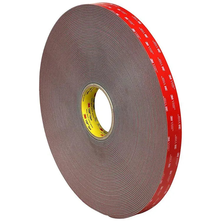 Double-sided acrylic foam tape roll, gray body with red outer adhesive strip