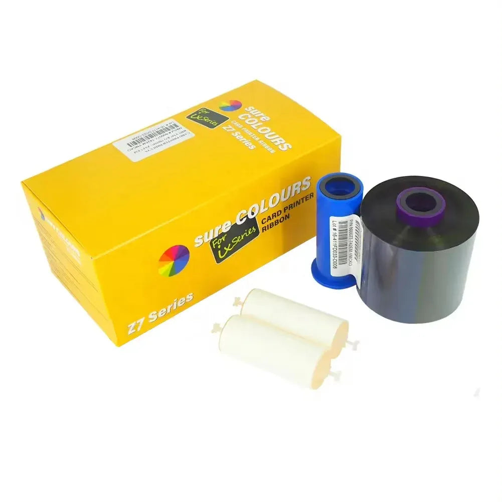 Zebra compatible color ribbon set: yellow box, black reel, and white cleaning roller