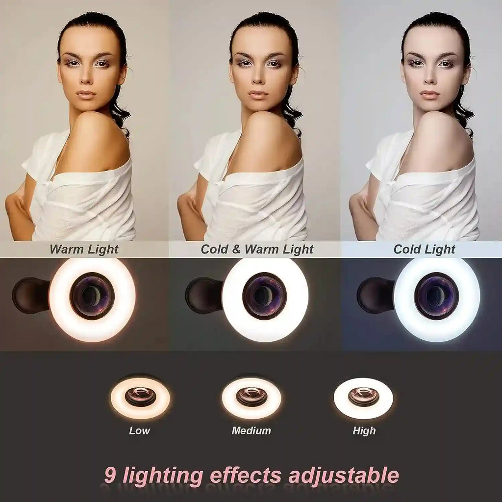 Clip-on circular LED ring light for phones with adjustable warm and cold brightness settings for photography.