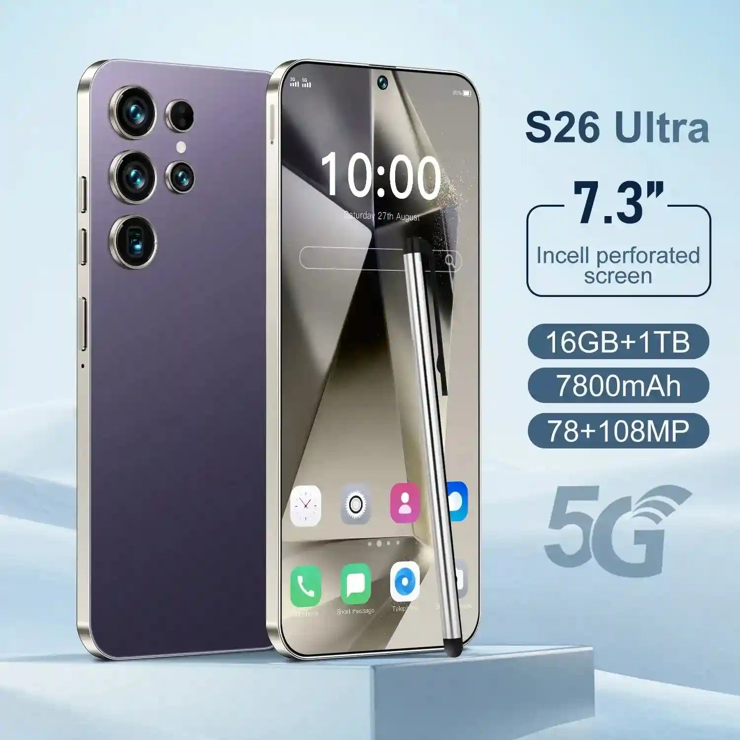 S26 Ultra 5G Smartphone - 7.3 Inch AMOLED Display, 1TB Storage Purple 16g 1TB Tidesmit