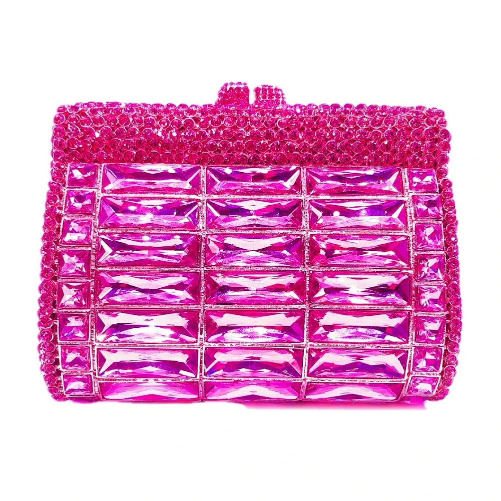Hot pink sparkling crystal evening clutch bag with rectangular rhinestones, luxury designer handbag for weddings.