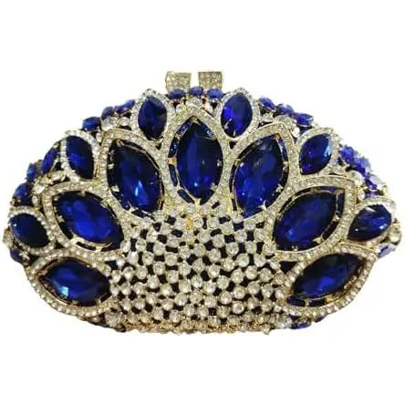 Royal blue crystal rhinestone clutch purse with floral design, perfect luxury evening handbag for formal events.