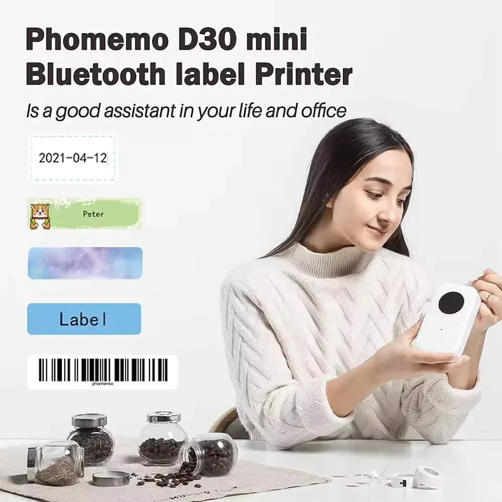 D30 mini Bluetooth label printer with label button and barcode preview display