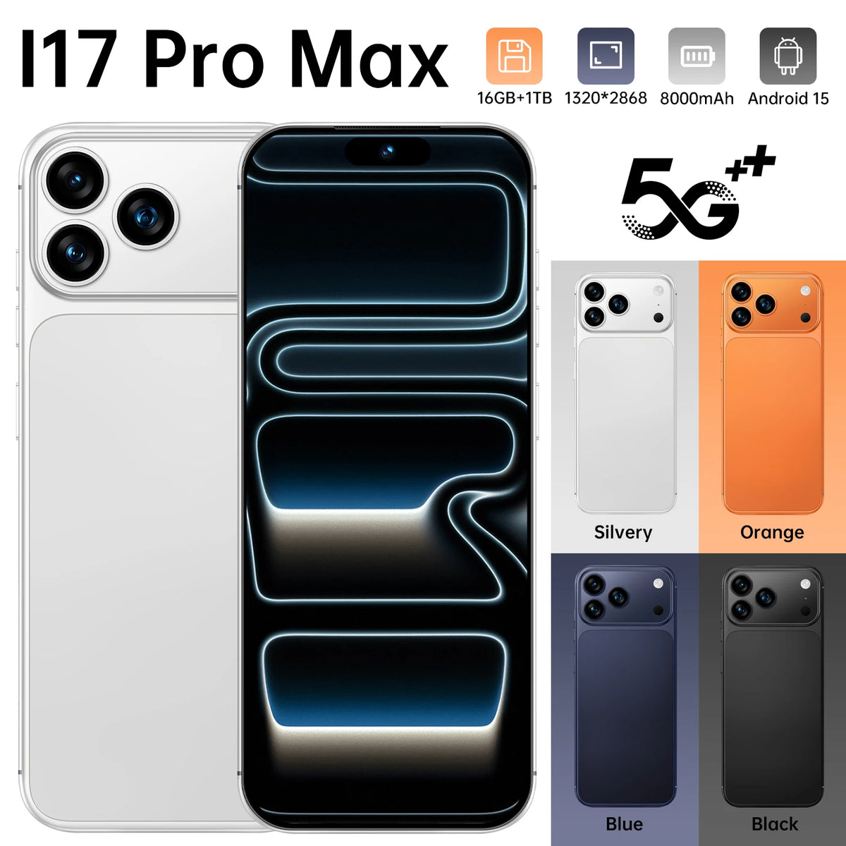 White smartphone with glowing curved display and triple rear cameras.