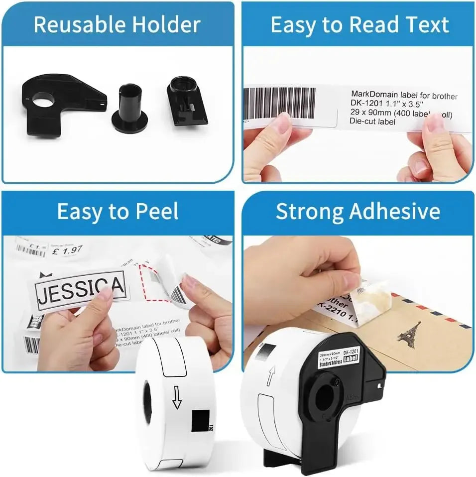 Die-cut label tape roll label sheet details: reusable holder, easy peel, strong adhesive