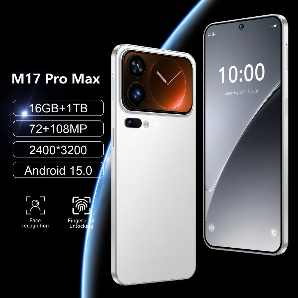 M17 Pro Max 5G smartphone showing full display and 90Hz refresh rate for gaming