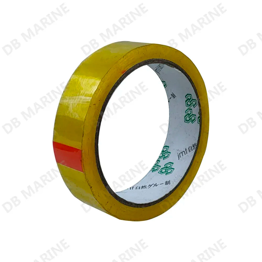Yellow transparent packing tape roll with visible printed inner label strip