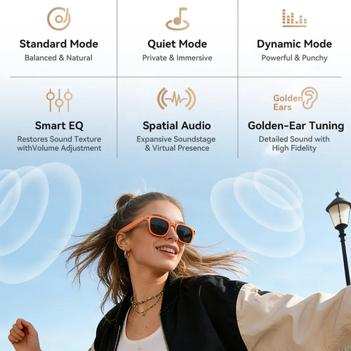 Woman wearing orange square acetate smart audio sunglasses with dark tinted lenses outdoors.