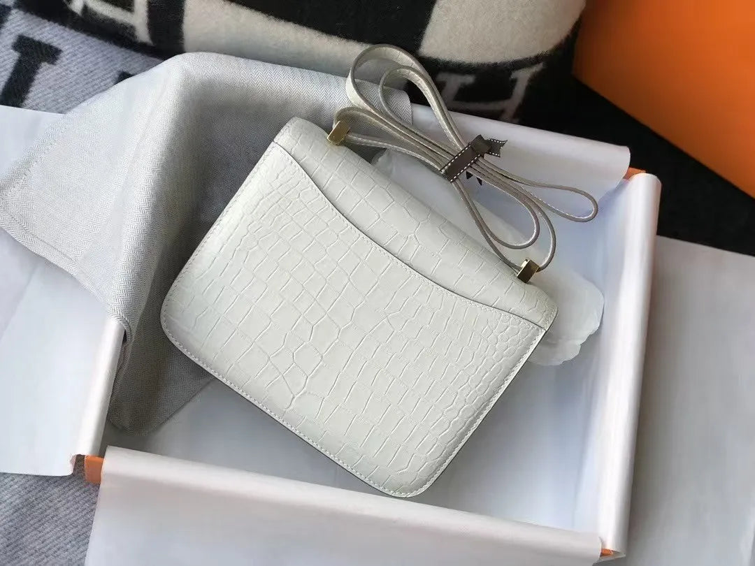 White alligator-pattern genuine leather H brand compact shoulder bag with long strap in a gift box.