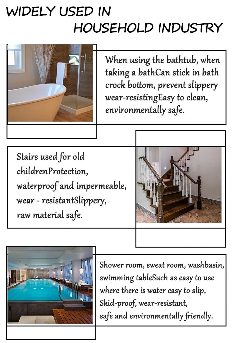 Bathroom safety anti-slip tape usage infographic for tub, stairs, and shower