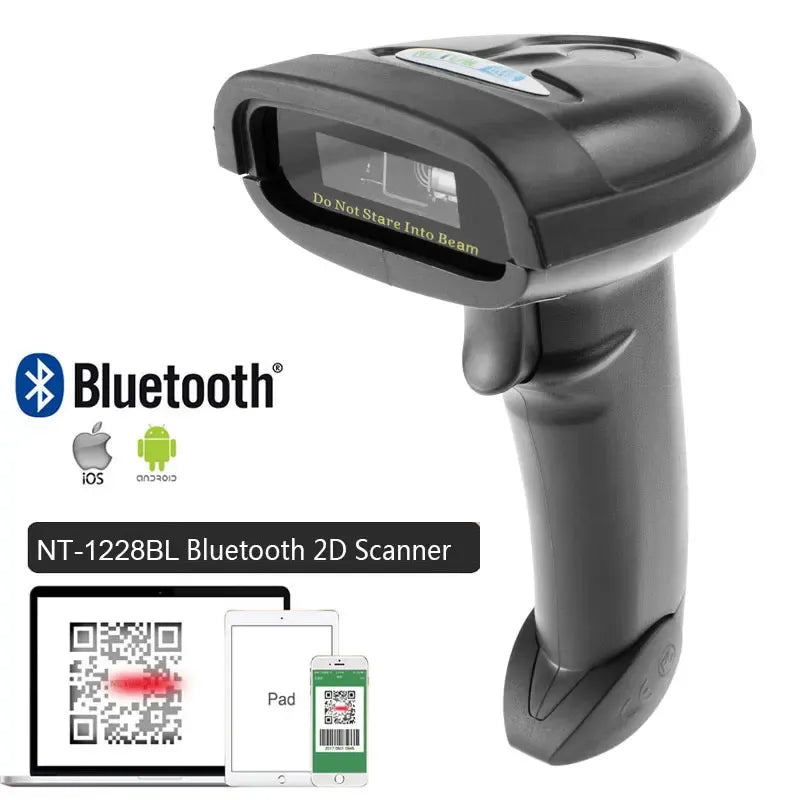 Bluetooth 2D barcode scanner in black handheld design with top scan window