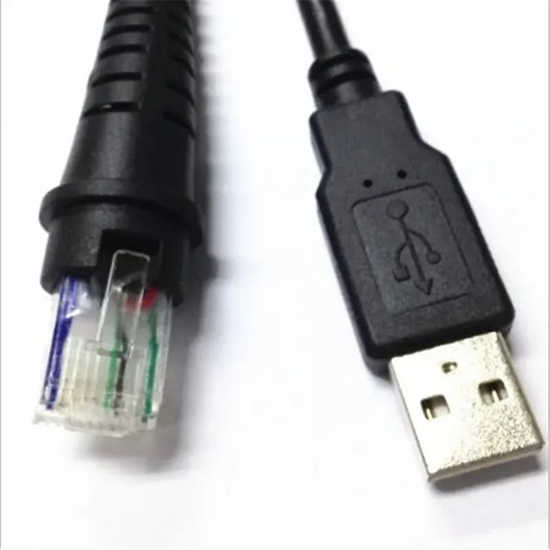 Close-up of USB-A plug and clear RJ45 connector on black barcode scanner cable