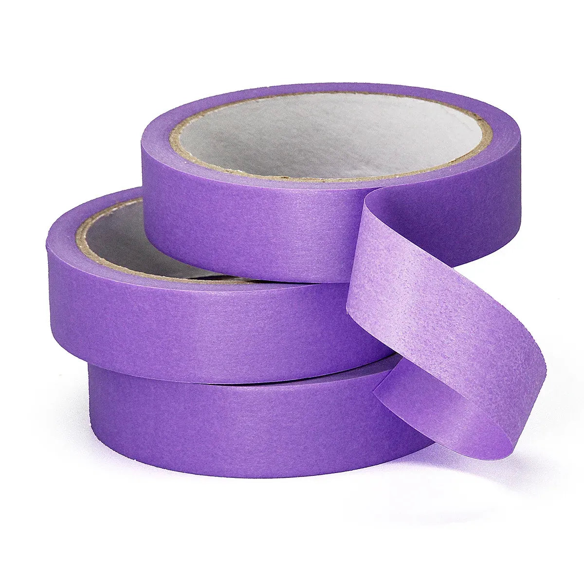 Stacked purple masking tape rolls with a loose strip curling beside them.